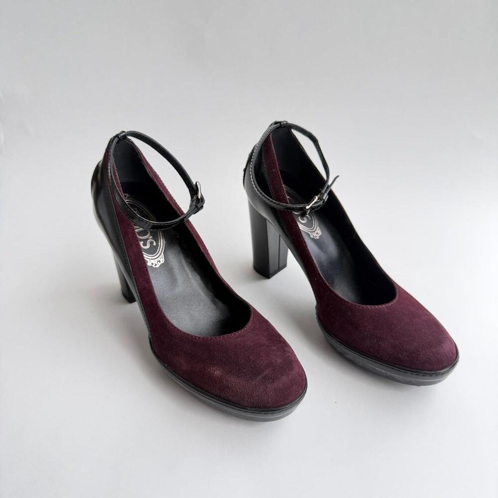 Authentic Tod's Maroon suede Leather Mary Jane Ankle Strap heel Pumps shoes